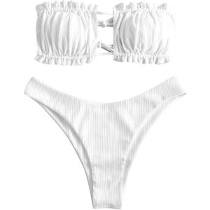 ZAFUL Women 2 Piece Strapless Bikini Swimsuits Ruffle Ribbed Self Tie Bandeau Bikini Set High Cut String Bathing Suits (Medium, 0-white)