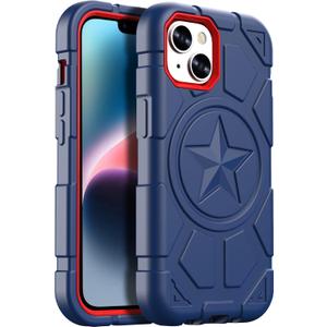 TIMISM Designed for iPhone 14 Case 2022 / iPhone 13 Case 2021 (6.1inch), Military Grade Drop Protection Full Body Rugged Heavy Duty Protective Sturdy iPhone Cover for Men, Navy Blue+Red