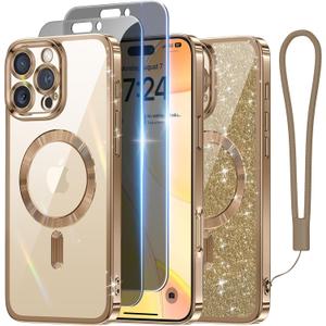5 x Meifigno for iPhone 16 Pro Max Case with 2X Privacy Screen Protectors, [Glitter Card & Wrist Strap][Compatible with MagSafe] Surround Lens Protection Designed for 16 ProMax Case 6.9", Desert Titanium