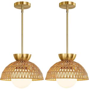 2 Pack Rattan Pendant Light, 11.8" Hand Woven Boho Pendant Light Fixture with Milk Glass Globe, Gold Kitchen Island light Fixtures Adjustable Chandelier for Dining Room Hallway Foyer Restaurant