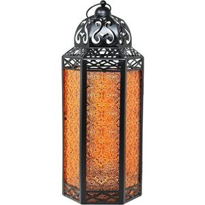 VELA LANTERNS 16" Extra Large Large Black Metal Decorative Floor Moroccan Lantern Candle Holder Lamp for Halloween - Indoor/Outdoor, Home Decor, Patio, Weddings, Ramadan Decor, Amber