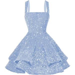 Women's Short Scoop Neck Sequin Homecoming Dresses Sparkly Sweet 16 Photo Tiered Short Cocktail Party Gown DE237 (0, Light Blue)