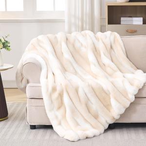 Faux Rabbit Fur Throw Blanket  850GSM Thick & Warm, Ultra Soft Plush Blanket for Couch, Bed, Sofa, Ideal Gift for Women, 60"  80", Beige