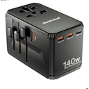 Universal Travel Adapter, 140W International Power Adapter with 4 USB-C & 1 USB-A Ports, European Travel Plug Adapter, Worldwide Travel Essentials for EU UK AUS USA