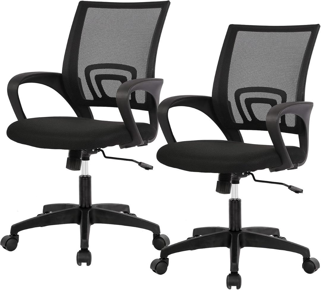 BestOffice | Ergonomic Office Chair | Mid-Back Swivel Desk Chair | Breathable Backrest & Lumbar Support | Adjustable Height | Sponge Seat | Rolling Wheels | Dark Black | for Adults & Women