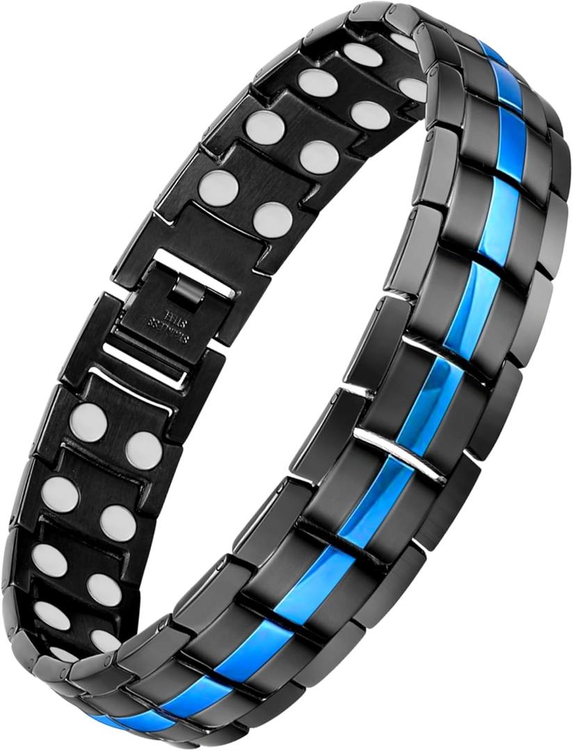 Feraco Magnetic Bracelet for Men Titanium Steel Bracelets with Double Row Magnets Adjustable (Black & Blue)