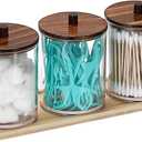 3 Pcs Clear Acrylic Qtip Holder with Brown Wood Lid Bathroom Accessories Storage Box with Tray for Cotton Swab Candy Jar Qtip Dispenser for Bathroom Living Room Office