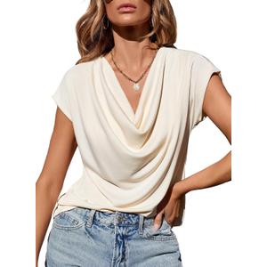 EVALESS Shirts for Women Fashion 2025 Cowl Neck Tops for Women Dressy Casual Short Sleeve Clothes Summer Outfits (Medium, Apricot)