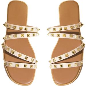 OYOANGLE Women's Studded Strappy Leather Slide Sandals Square Open Toe Slip on Flat Sandal (8, Beige)