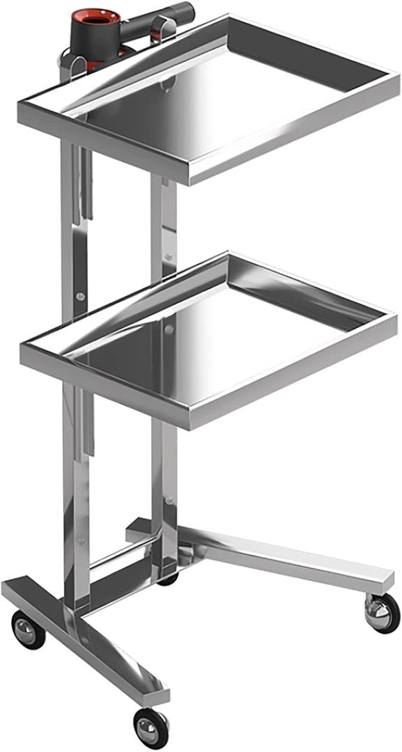 Multifunctional 2-Tray Utility Cart on Wheels - Stainless Steel 2-Level Medical Trolley - Mobile Storage for Dental Tools, Cavitation Machine, Salon Supplies - Foldable Trays