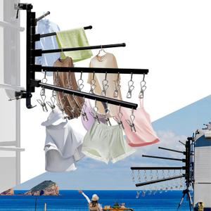 Upgrade RV Clothes Drying Rack, Five 15.3" Long Rack Arms with 18 Clips, Aluminum, 304 Stainless Steel Accessories for Ladder, Boats, RV, Camper, Trailer, Travel, Hotel, Home