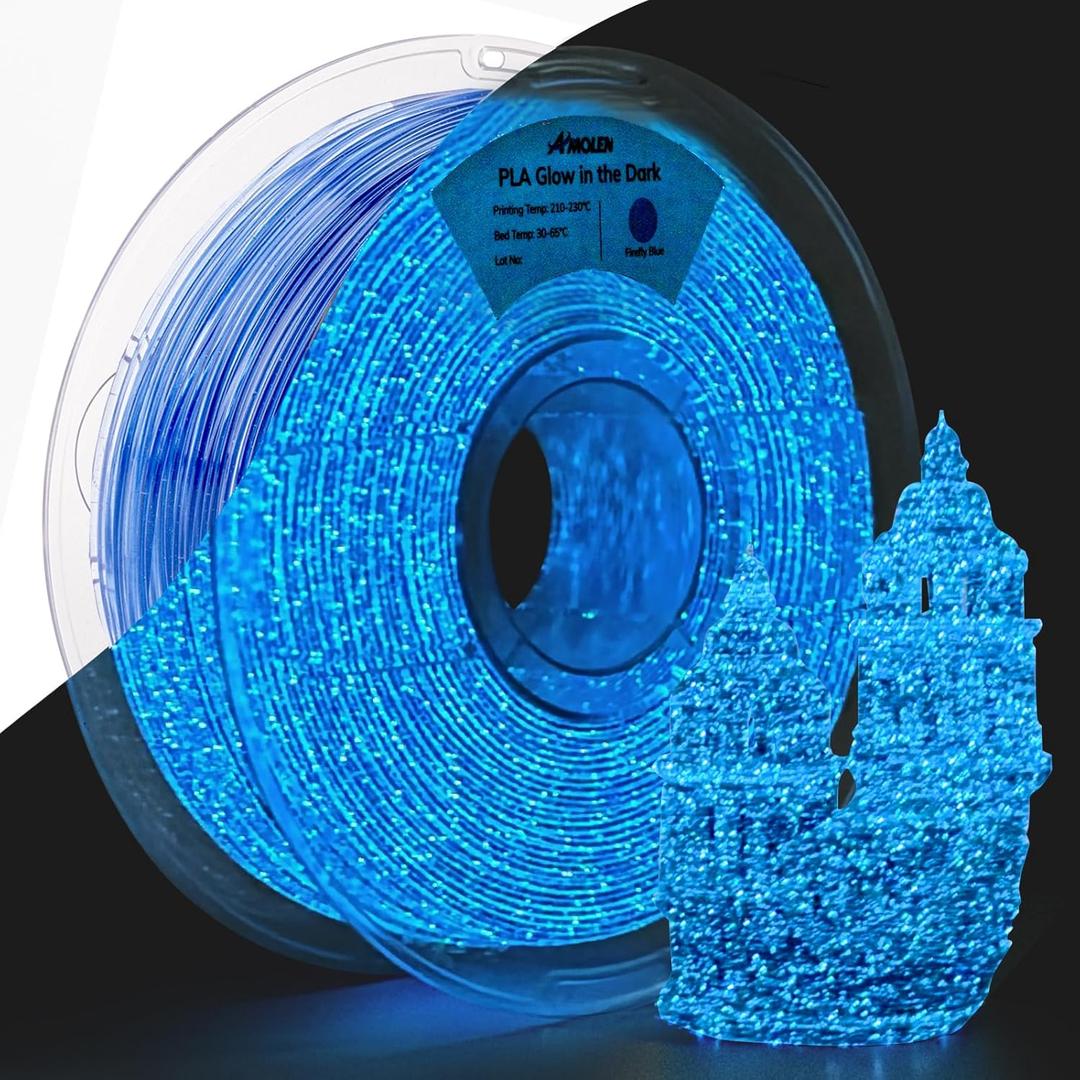 AMOLEN 3D PLA Printer Filament, 1.75mm Glow in The Dark Shiny Firefly Blue PLA Filament for 3D Printing, Best with UV Lamps, 1kg Spool (2.2lbs), Dimensional Accuracy +/- 0.02 mm, Fit Most 3D Printers
