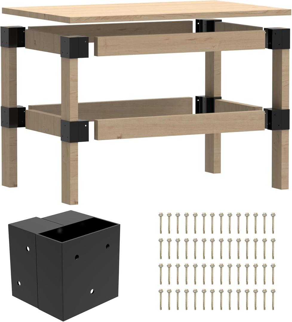 Workbench Bracket Kit 4PCS, Heavy Duty 3-Way Brackets for Garage Workbench Legs Bracket, Metal DIY Workbench Kit for Shelving, Work Table, Fits 2x4(Actual 1.5"x3.5")Wood, Lumber Not Included
