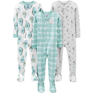 Simple Joys by Carter's baby-boys 3-pack Snug Fit Footed Cotton Pajamas (Avocados/Night Sky Print/Tie Dye) 18M