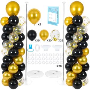 Balloon Column Stand with 102 Balloons, Balloon Column Kit Set of 2, Metal Balloon Tower Stand with Base for Floor, Height Adjustable from 1.57 to 7 Ft, For Party Decorations (Black Gold Gold Confetti)