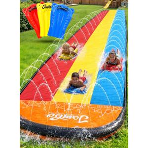 JAMBO 25Ft Premium XXL Slip Splash and Slide with 3 Bodyboards, Heavy Duty Water Slide- Advanced 3-Way Sprinkler System, Splash Mat Splash Pad Backyard Waterslide Outdoor Water Toys n Slides for Kids