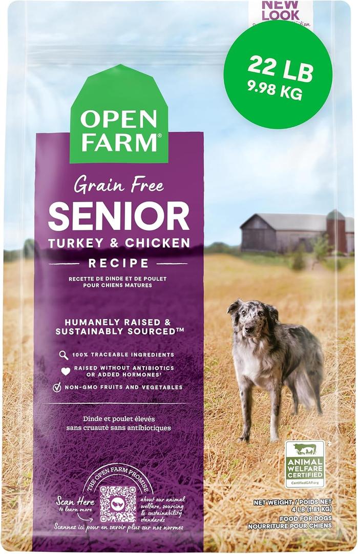 Open Farm, Grain-Free Dry Dog Food for Senior Dogs, Complete & Balanced Kibble to Support Joints & Mobility, Sustainably & Ethically Sourced Ingredients, Chicken & Turkey Recipe for Seniors, 22lb Bag, BBD 01/07/2027