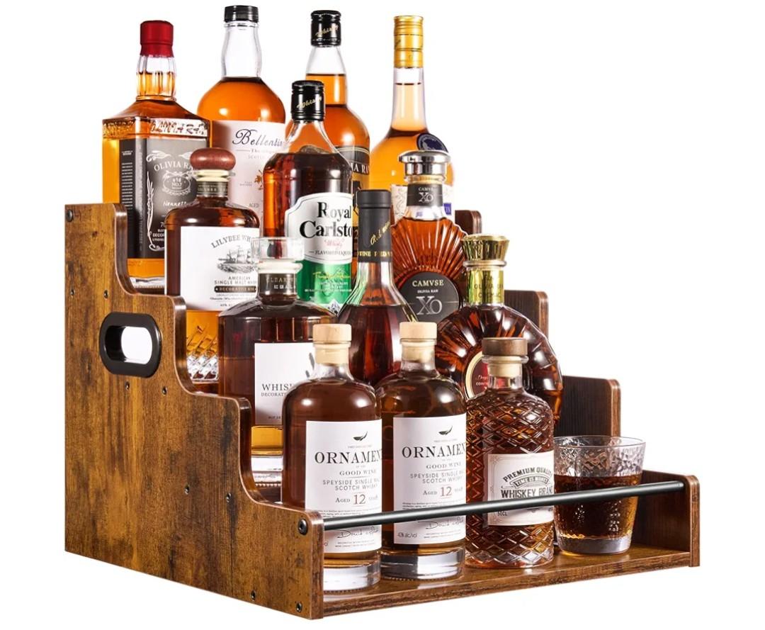 4-Tier Bottle Display Shelf, Coffee Syrup Rack Organizer, Water Bottle Organizer, Mini Bar Cabinet, Rustic Bar Shelves for Whiskey, Spirits