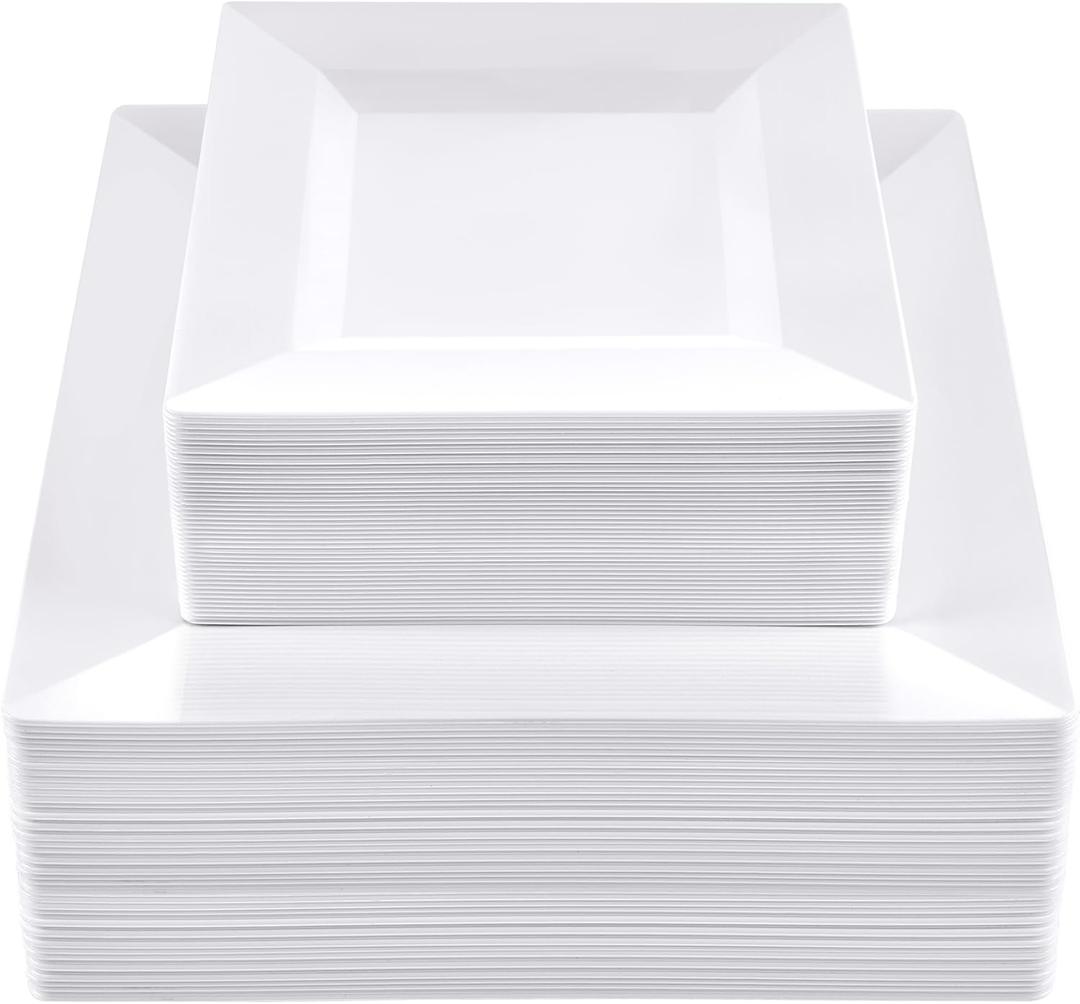 SETUP 100-Piece White Square Plastic Dinnerware Set  50 9.5" Dinner & 50 6.5" Salad Plates  Heavy-Duty Disposable for Weddings, Catering, Parties