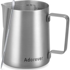 Milk Frothing Pitcher, 32oz Stainless Steel Milk Frother Cup Steaming Pitcher, Cappuccino Espresso Accessories Coffee Bar Barista Tools, Metal Steamer Cup Milk Jug with Latte Art Pen, Matte Steel