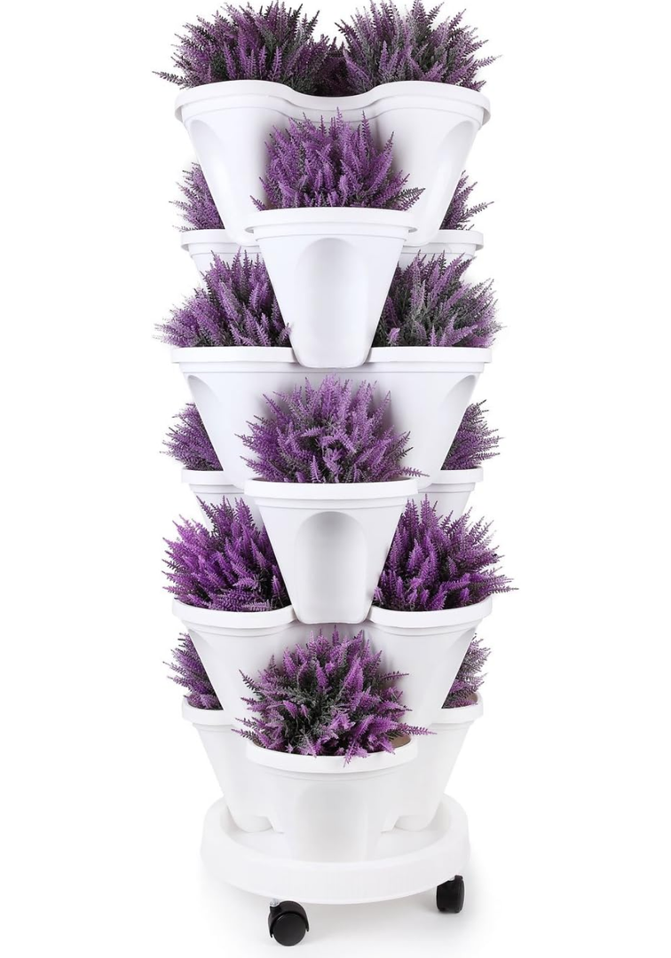 T4U Stackable Vertical Planter Set with Rolling Plant Caddy - 6 Tier Garden Tower Ideal for Growing Strawberries, Herbs, Flowers, Indoor/Outdoor Porch Decor (6 Stacking Pots+Plant Dolly)
