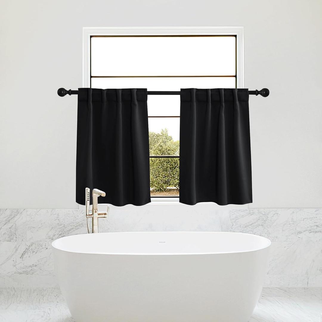 PONY DANCE Black Small Blackout Curtains for Kitchen Windows, Short Curtains for Bathroom, Thermal Insulated Window Curtains Tiers for Basement, W 29 x L 36, Black,2 PCS