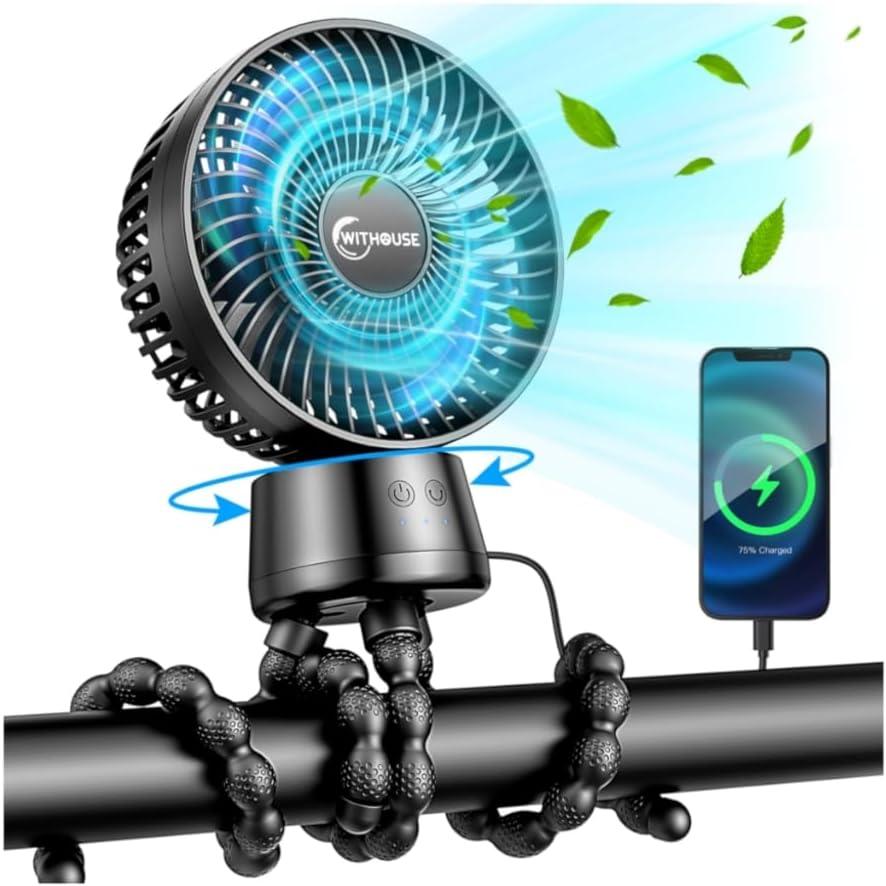 20000mAh Portable Stroller Fan with Auto Oscillating, Extended Anti-Slip Detachable Flexible Tripod, Power Bank & LED Light, 3-Speed Quiet Long Time Cooling Clip On Fans for Baby Crib Car Seat Travel (Medium)