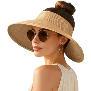Women's Sun Visor Hats Wide Brim Straw Beach Hat Ponytail Hats for Women Foldable Floppy (1pack-khaki)