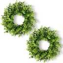 DDHS 11 Inch Artificial Boxwood Small Wreath for Front Doors, 2 Packs Green Leaves Wreath, Spring Summer Mini Wreaths for Indoor Outdoor Hanging Wall Window Wedding Home Decor Party Farmhouse