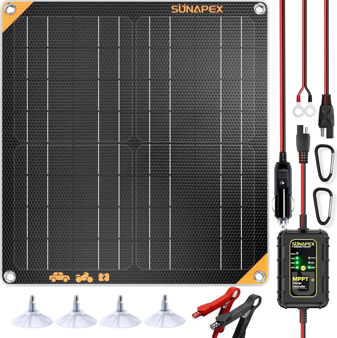 SUNAPEX 12V 20 Watt Solar Trickle Charger Maintainer with MPPT Controller - Portable Waterproof Solar Powered Battery Charger - Solar Panel Kit for Car Rv Trailer Truck Boat Automotive Marine (Black)