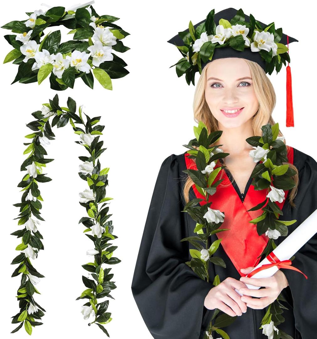 2 Pcs 2025 Hawaiian Graduation Lei 6.56 ft and Flower Headband 2025 Graduation Maile Lei Necklaces Artificial with Green Leaves for Grad Hawaiian Luau Party Wedding Summer Party Supplies