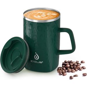 Ideus Vacuum Insulated Coffee Mug, 16oz Reusable Stainless Steel Thermal Double Walled cup with Handle and Slider Lid for Hot & Cold Beverages, BPA Free (Leapord Dark Green)