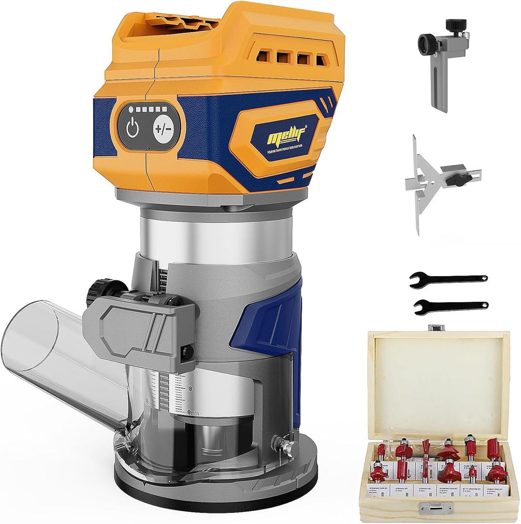 Cordless Compact Router, Mellif Brushless Palm Router Compatible with DeWalt 20V MAX Battery (Tool Only) 28,000RPM 600W w/Fixed Base, 12PCS 1/4" Router Bits, 5-Speed, Edge & Roller Guides, Dust Hood
