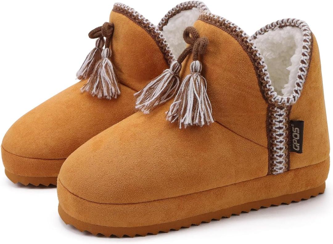 GPOS Womens House Knit Bootie Slippers Fuzzy Plush Lining Winter Ladies Warm Suede Fluff Slippers Lightweight Cozy Thick Memory Foam Comfortable Home Shoes Hard Bottom for Indoor Outdoor Size 5-11 (7, Khaki)