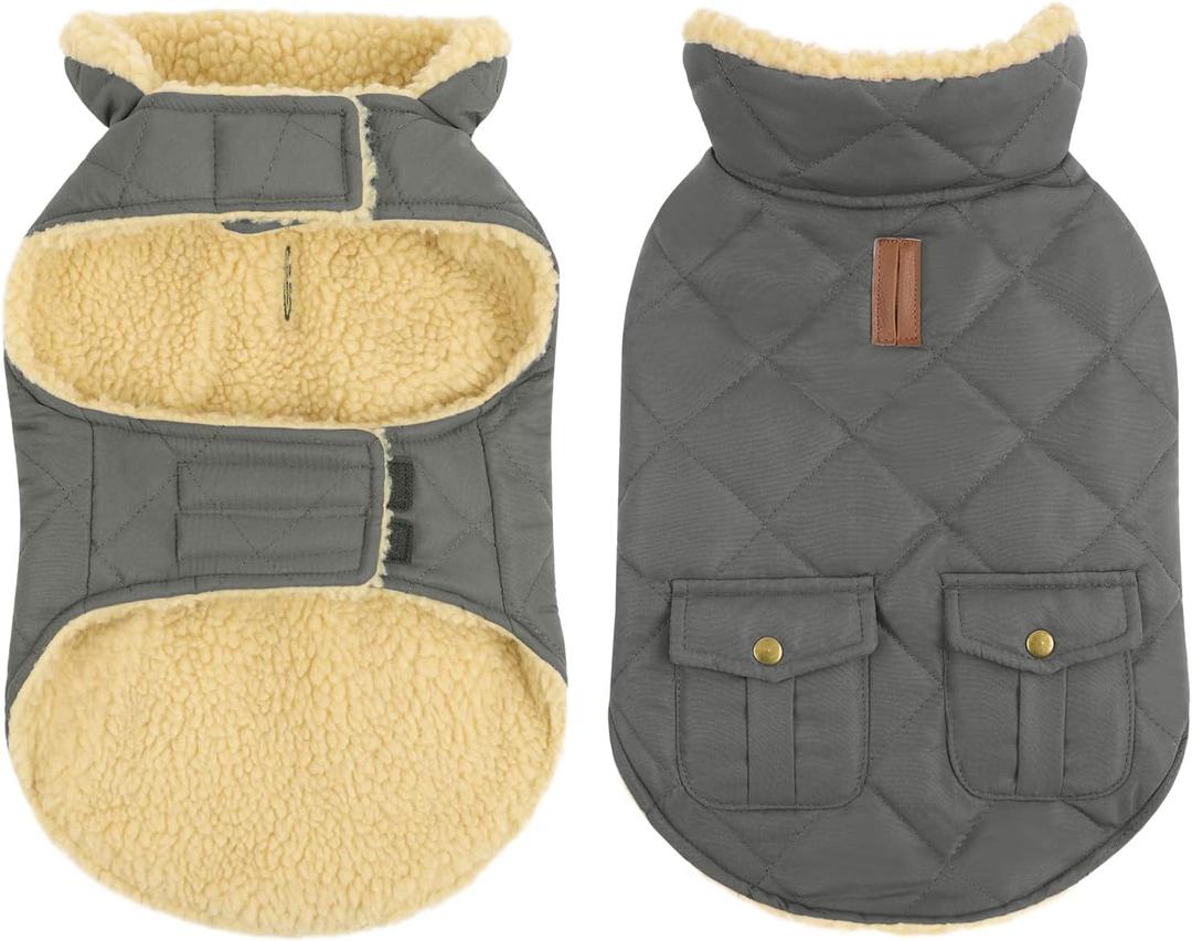 Queenmore Dog Winter Coat - Fleece Jacket, Waterproof Cold Weather Clothes, Thick Warm Cotton Padding, Easy On Storage Pockets (Grey, Large)