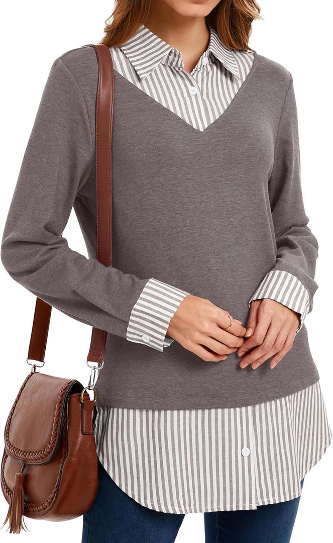 Oyamiki Women's Casual Collared Curved Hem 2 in 1 Pullover Tops Plaid Contrast Shirt Blouse, Medium