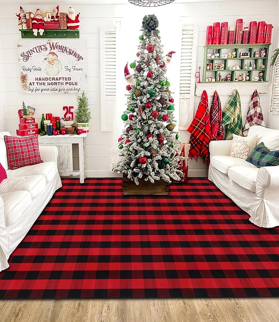 Ckorzen Red and Black Plaid Rug, 8' x 10' Christmas Front Porch Outdoor Rug, Handwoven Cotton Washable Rug for Layered Door Mats, Holiday Entryway and Home Dcor