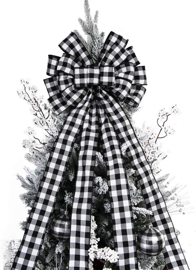 Christmas Checked Tree Topper,48x13 Inches Large Toppers Bow,Black and White Plaid Buffalo Decorative Bows for Christmas Decoration (Black and White Plaid)