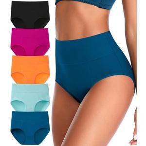 ASIMOON Tummy Control High Waisted Underwear for Women Cotton Plus Size Full Coverage Panties Ladies Briefs (X-Large, Multicoloured-01-5 Pack)