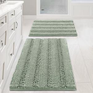 H.VERSAILTEX Sage Bathroom Rugs, Bath Mat Set of 2 Extra Thick Chenille Striped Pattern Shaggy Bath Rugs for Bath Room, Non Skid Bath Mats for Bathroom Floor (32 x 20 Plus 24 x 17 - Inches)
