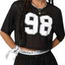 Verdusa Women's Cropped Jersey Shirts Graphic Tees Waffle Short Sleeve Vintage T Shirts Crop Tops (Black, L)