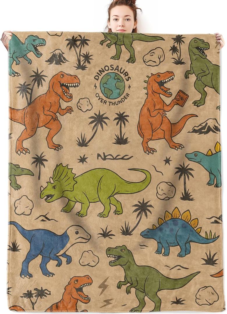 olpddz Colorful Cartoon Dinosaur Flannel Blanket Gifts for Boys Kids Animal Lover, 60x50inch, Dino, Tree and Rock Throw Blankets, for Bedroom, Couch, Living Room, Camping, Dorm Decor Throws