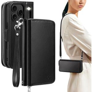 OCASE for iPhone 17 Pro Crossbody Wallet Case - Stylish PU Leather Handbag Phone Purse with Zipper Closure, 10 Card Slots & RFID Blocking - Wrist Strap, Lanyard, Kickstand - Black