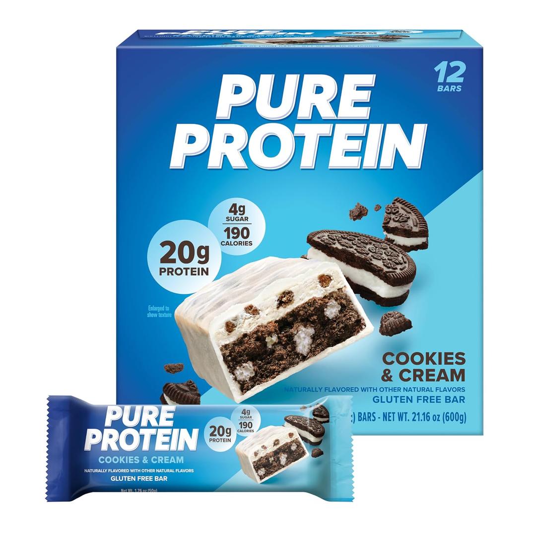 Pure Protein Cookies And Cream Protein Bars 20g Protein, 3g Sugar, 190 Calories (12 count) Low Sugar* High Protein Snack - Gluten Free - Perfect for a Healthy Snack (EXP 01/19/27)