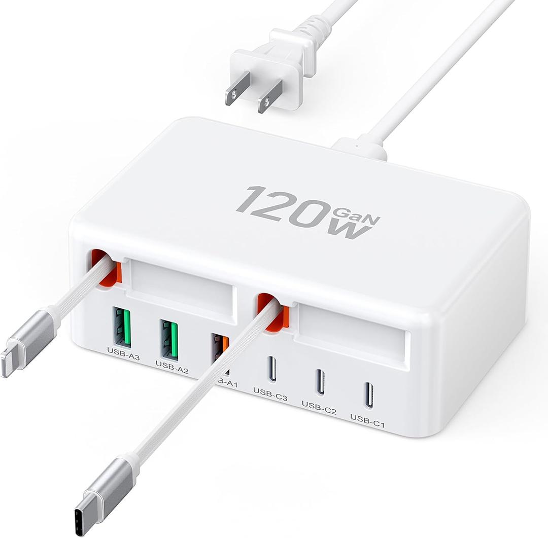 Upgraded 8-in-1 Retractable USB C Charger Block, 120W GaN Multi Charging Station Hub with Lightening & Type C Cable, Travel Essential USB C Power Strip Plug for iPhone 17 16 15 14 Pro Max iPad Galaxy (White)