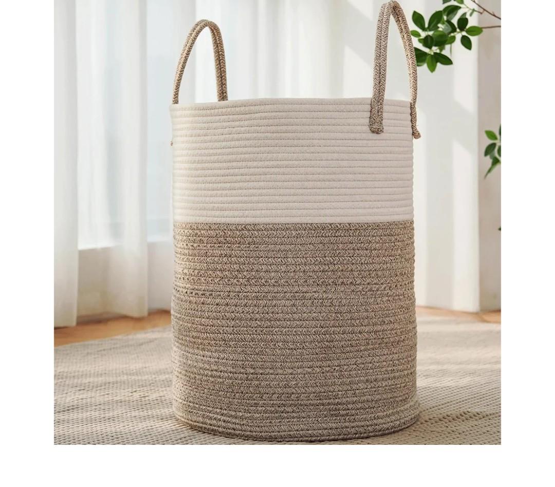 Large Woven Laundry Basket Hamper,60L Cotton Rope Storage Bin for Blankets,Toys and Clothes,Decorative Tall Nursery Hamper for Living Room,Baby Nursery,Bathroom and Bedroom,Brown
