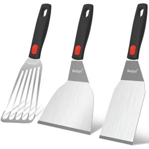 Beijiyi 3-Piece Metal Spatula for Cast Iron Skillet, Sturdy Stainless Steel | Heavy Duty, Heat Resistant Silicone Handle, Beveled Edges, Turner Flipper for Kitchen Use, Flipping, Cooking, Dishwasher Safe