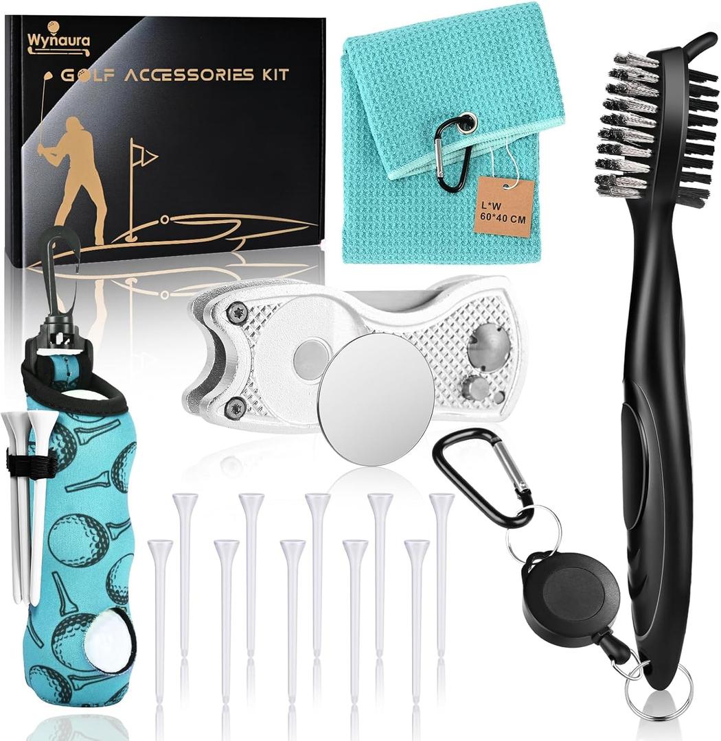15PCS Golf Accessories Kit - Include Golf Club Cleaner Brush with Groove Cleaner Tool, Golf Ball Bag, Divot Tool with Magnetic Ball Marker, Towel, Golf Tees, Golf Gift for Men/Women (Mint Green)
