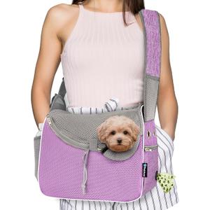 PetAmi Small Dog Sling Carrier, Soft-Sided Crossbody Puppy Carrying Purse Bag, Adjustable Sling Pet Pouch to Wear Medium Dog Cat Travel, Dog Bag for Traveling, Poop Bag Dispenser, Max 10 lbs, Purple
