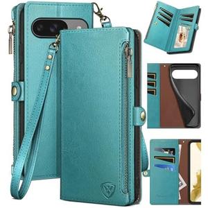XcaseBar for Google Pixel 9 5G/Pixel 9 Pro 6.3 Wallet case with Zipper Credit Card Holder【RFID Blocking】,Flip Folio Book PU Leather Phone case Shockproof Cover Women Men for Pixel 9 case Blue Green